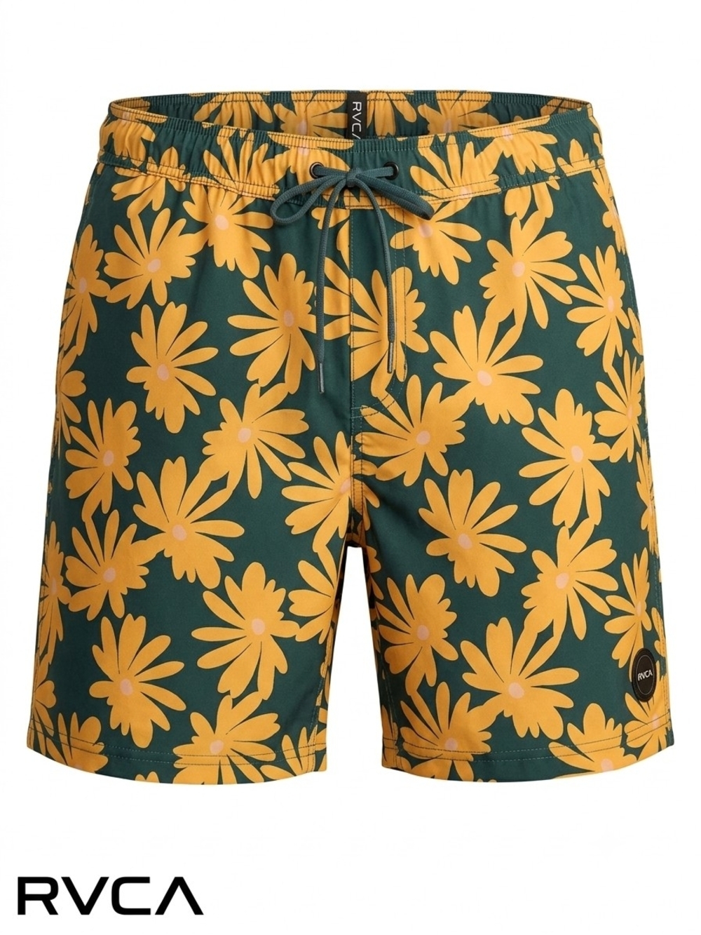 RVCA Swim Trunks Mens Medium Green Yellow Floral Daisy Boardshorts Shorts M